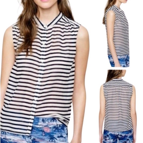 J. Crew Woman's Navy Blue Striped Neru Mandarin Collar Blouse 100% Cotton Size 4 - Picture 1 of 7